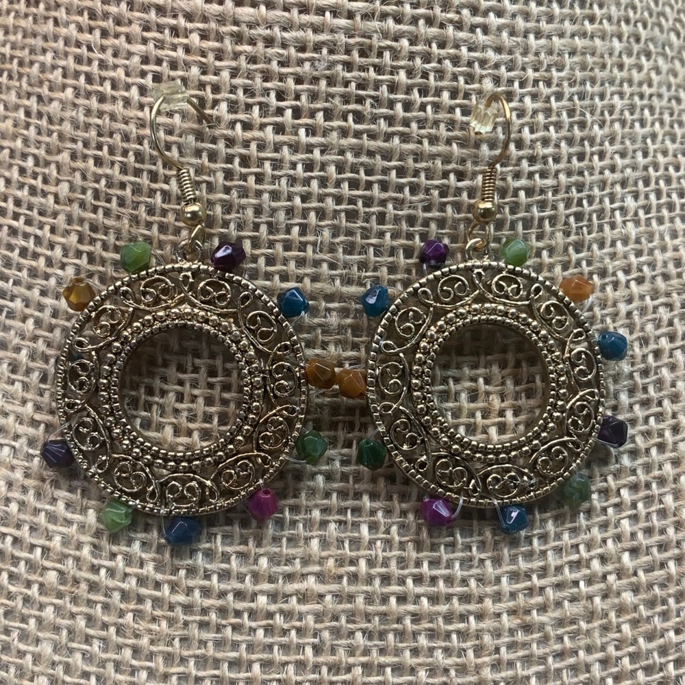 Gold Tone Filigree Multi Color Beaded Hoop Drop Earrings Boho Style 5529
